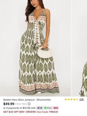 Fashion Nova Olive & Cream Tie-Front Wide Leg Jumpsuit